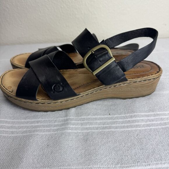 Born Aida Leather Strappy Wedge Slingback Sandals Comfort Lagenlook Black 8 - Picture 7 of 14